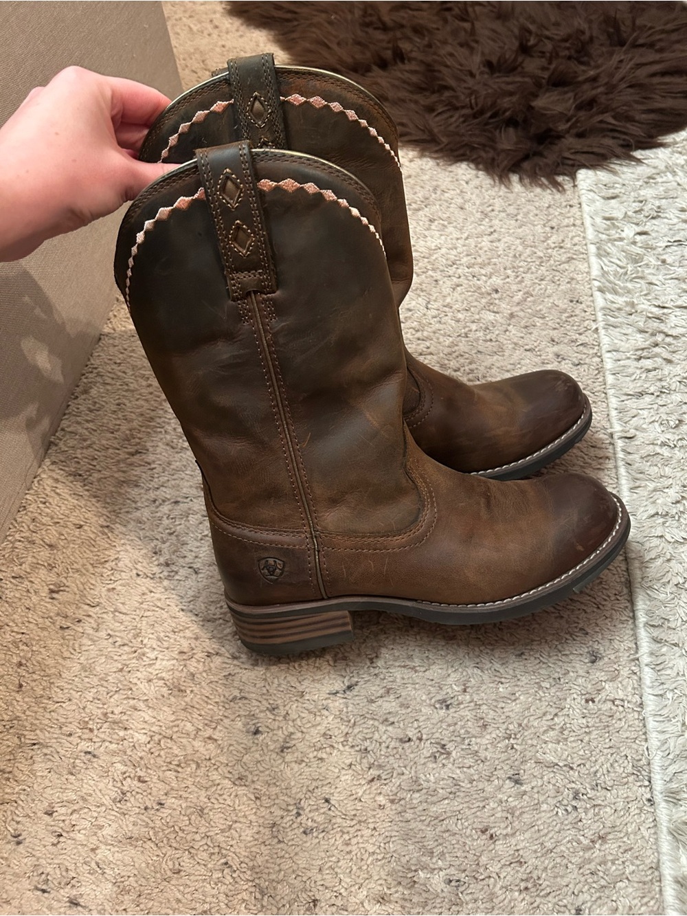 Ariat Brown Leather Western Moto Boots with Pink Trim